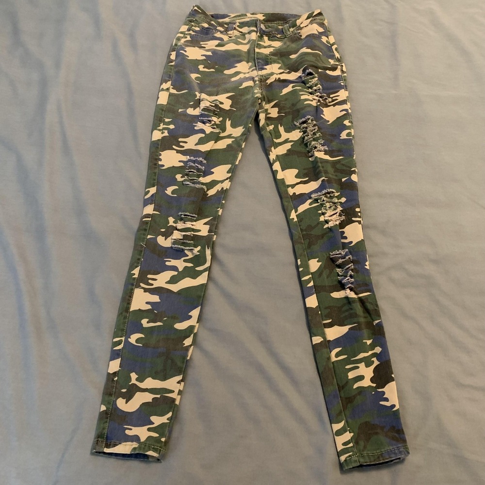 Ling Collection Jeans‎ Womens XL Camo High Rise Distressed Skinny Stretch Denim